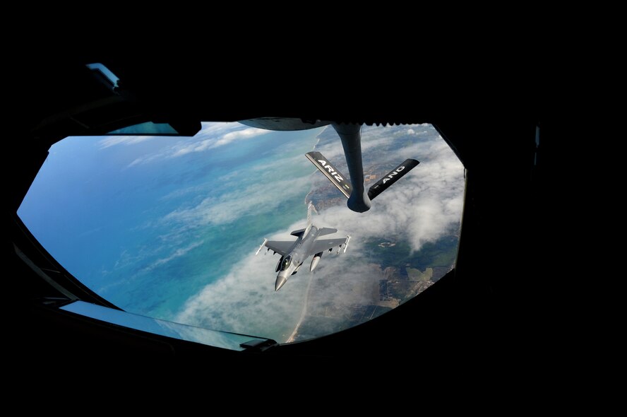 A U.S. Air Force F-16 Fighting Falcon from the 140th Fighter Wing, Buckley, Colo., approaches the boom of a KC-135 Stratotanker from the 161st Air Refueling Wing, Phoenix, Ariz., November 12, 2010, near Natal, Brazil. Both wings are participating CRUZEX V, or Cruzeiro Do Sul (Southern Cross).  CRUZEX is a multi-national combined exercise involving the Air Forces of Argentina, Brazil, Chile, France and Uruguay, and observers from numerous other countries with more than 82 aircraft and almost 3,000 Airmen involved.  U.S. Air Force Photo by Master Sgt. Kelly M. Deitloff