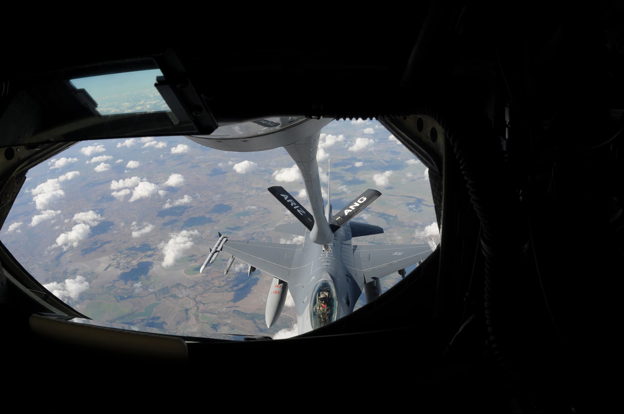 A Chilean F-16 receives fuel from a KC-135 Stratotanker from the 161st Air Refueling Wing, Phoenix, Ariz., November 12, 2010, near Natal, Brazil. The 161st ARW is participating CRUZEX V, or Cruzeiro Do Sul (Southern Cross).  CRUZEX is a multi-national combined exercise involving the Air Forces of Argentina, Brazil, Chile, France and Uruguay, and observers from numerous other countries with more than 82 aircraft and almost 3,000 Airmen involved.  U.S. Air Force Photo by Master Sgt. Kelly M. Deitloff