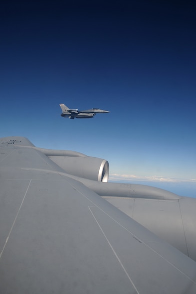 A U.S. Air Force F-16 Fighting Falcon from the 140th Fighter Wing, Buckley, Colo.,  flies off the wing  of a 161st Air Refueling Wing  KC-135 Stratotanker during a CRUZEX exercise on November 12, 2010 over Brazil. The 161st ARW Both wings are participating in CRUZEX V, or Cruzeiro Do Sul (Southern Cross).  CRUZEX  is a multi-national combined exercise involving the Air Forces of Argentina, Brazil, Chile, France and Uruguay, and observers from numerous other countries with more than 82 aircraft and almost 3,000 Airmen involved.  U.S. Air Force Photo by Master Sgt. Kelly M. Deitloff