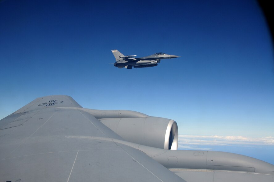 A U.S. Air Force F-16 Fighting Falcon from the 140th Fighter Wing, Buckley, Colo.,  flies off the wing  of a 161st Air Refueling Wing  KC-135 Stratotanker during a CRUZEX exercise on November 12, 2010 over Brazil. Both wings are participating in CRUZEX V, or Cruzeiro Do Sul (Southern Cross).  CRUZEX  is a multi-national combined exercise involving the Air Forces of Argentina, Brazil, Chile, France and Uruguay, and observers from numerous other countries with more than 82 aircraft and almost 3,000 Airmen involved.  U.S. Air Force Photo by Master Sgt. Kelly M. Deitloff