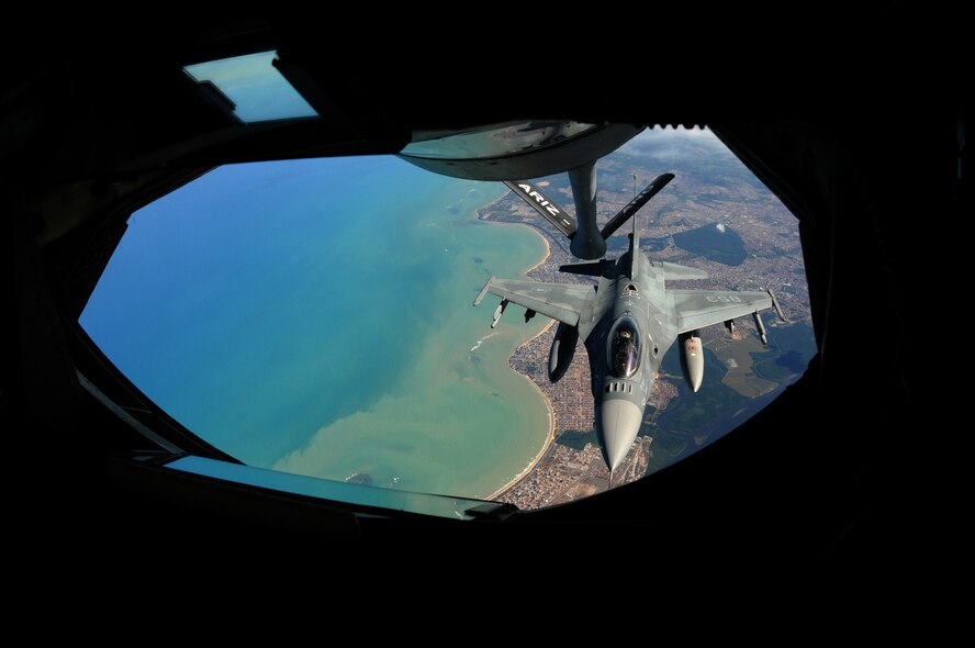 A Chilean F-16 approaches the boom of a KC-135 Stratotanker from the 161st Air Refueling Wing, Phoenix, Ariz., November 12, 2010, near Natal, Brazil. The 161st ARW is participating CRUZEX V, or Cruzeiro Do Sul (Southern Cross).  CRUZEX is a multi-national combined exercise involving the Air Forces of Argentina, Brazil, Chile, France and Uruguay, and observers from numerous other countries with more than 82 aircraft and almost 3,000 Airmen involved.  U.S. Air Force Photo by Master Sgt. Kelly M. Deitloff