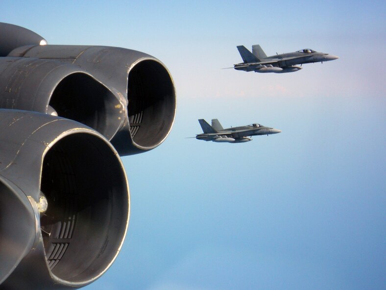 Canadian F-18 Hornets perform practice intercept with Barksdale’s B-52s during Exercise Amalgam Falcon Dart 11-1 recently. Amalgam Dart exercises are North American Aerospace Defense Command sponsored, region-directed, field-training exercises that take place in the Canadian, United States and Alaskan NORAD regions.  “During this exercise, 96th Bomb Squadron B-52's simulated a Long-Range Strike platform,” said Maj. Patrick Merriman, 2nd Operations Support Squadron lead planner. “Various fighter units along the East coast were scrambled to intercept the B-52s and escort them along their route of flight.” (courtesy photo)