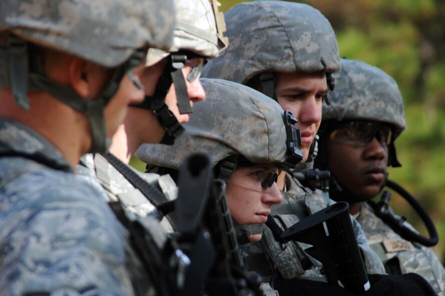 Members of the 28th Security Forces Squadron from Ellsworth Air Force Base, S.D., receive a briefing before competing in the M4 competition during the Global Strike Challenge at Fort Polk, La., Nov. 14. The event is the world's premier bomber, Intercontinental Ballistic Missile and security forces competition with units from Air Force Global Strike Command, Air Combat Command, Air Force Reserve Command and the Air National Guard. (U.S. Air Force photo/Senior Airman Brittany Y. Bateman)(RELEASED)