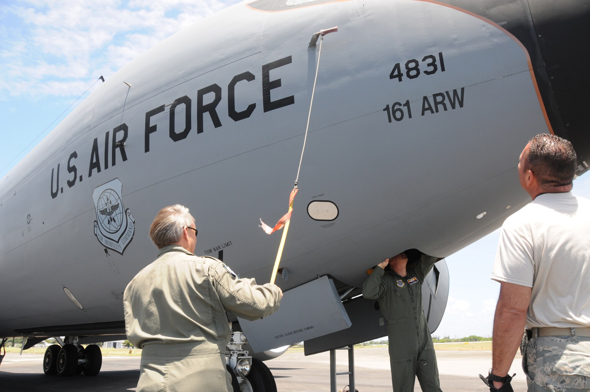 Master Sgt. Jeff Swab, Technical Sgt. Guillermo Celaya and Lt Colonel Scott Griesman from the 161st Air Refueling Wing, Phoenix, Ariz., prepare a KC-135 Stratotanker for flight on November 9, 2010 in recife Brazil. The 161st ARW is participating in CRUZEX V, or Cruzeiro Do Sul (Southern Cross).  CRUZEX  is a multi-national combined exercise involving the Air Forces of Argentina, Brazil, Chile, France and Uruguay, and observers from numerous other countries with more than 82 aircraft and almost 3,000 Airmen involved. U.S. Air Force Photo by Master Sgt. Kelly M. Deitloff