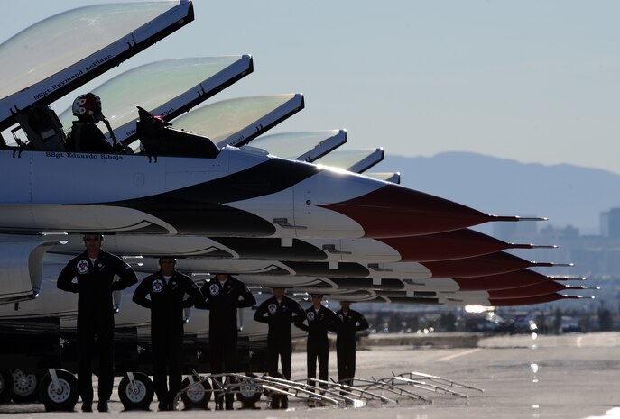 NELLIS AIR FORCE BASE, Nev. -- The U.S. Air Force Air Demonstration Squadron, the Thunderbirds, prepare to take off for their last show of the season during the 2010 Aviation Nation Nellis Open House Nov. 14. The Nellis Open House is an opportunity for the Las Vegas community to view aerial demonstrations and static displays of various aircraft from the military. The open house also acts as the final air show of the year for the U.S. Air Force Air Demonstration Squadron, "Thunderbirds." (U.S. Air Force photo by Senior Airman Brett Clashman)(Released)