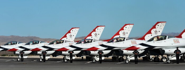 NELLIS AIR FORCE BASE, Nev. -- U.S. Air Force Air Demonstration Squadron "Thunderbirds," prepare for their final flight of the season at the 2010 Aviation Nation Nellis Open House, Nov. 14, 2010. The Nellis Open House is an opportunity for the Las Vegas community to view aerial demonstrations and static displays of various aircraft from the military. The open house also acts as the final air show of the year for the U.S. Air Force Air Demonstration Squadron, "Thunderbirds." (U.S. Air Force Photo by Airman 1st Class Jamie Nicley)(Released)