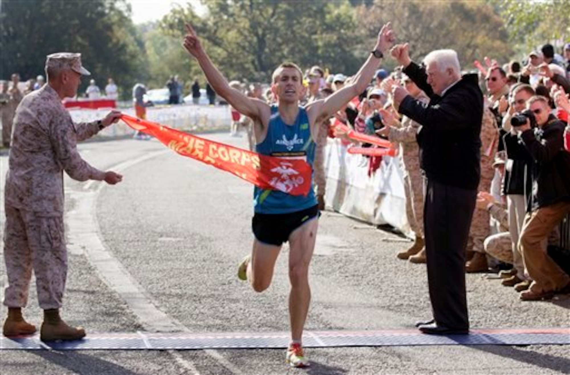 WASHINGTON - 2nd Lt. Jacob Bradosky, a 392nd Training Squadron intercontinental ballistic missile student in training at Vandenberg Air Force Base, Calif., finished the 35th Annual Marine Corps Marathon in Washington, D.C., in first place with a time of 2 hours, 23 minutes, 30 seconds on Sunday, Oct. 31, 2010. (Courtesy photo) 