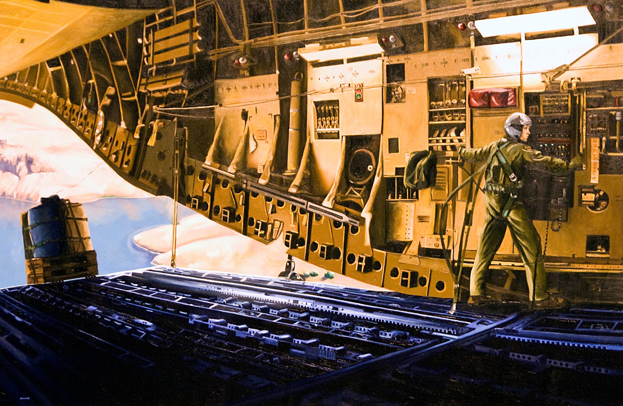 WRIGHT PATTERSON AIR FORCE BASE, Ohio - Artist Karen Chandler donated to the Air Force this 40 inches by 30 inches painting featuring Master Sgt. Rick DeLucia conducting a container delivery system airdrop during Rodeo 2009 at McChord Air Force Base, Wash.  The painting is on display at the National Air Force Museum now through Jan. 1, 2011.  Sergeant DeLucia is an Air Force Reserve loadmaster with the 446th Airlift Wing, Joint Base Lewis-McChord, Wash.(Courtesy photo provided by Master Sgt. Rick DeLucia)