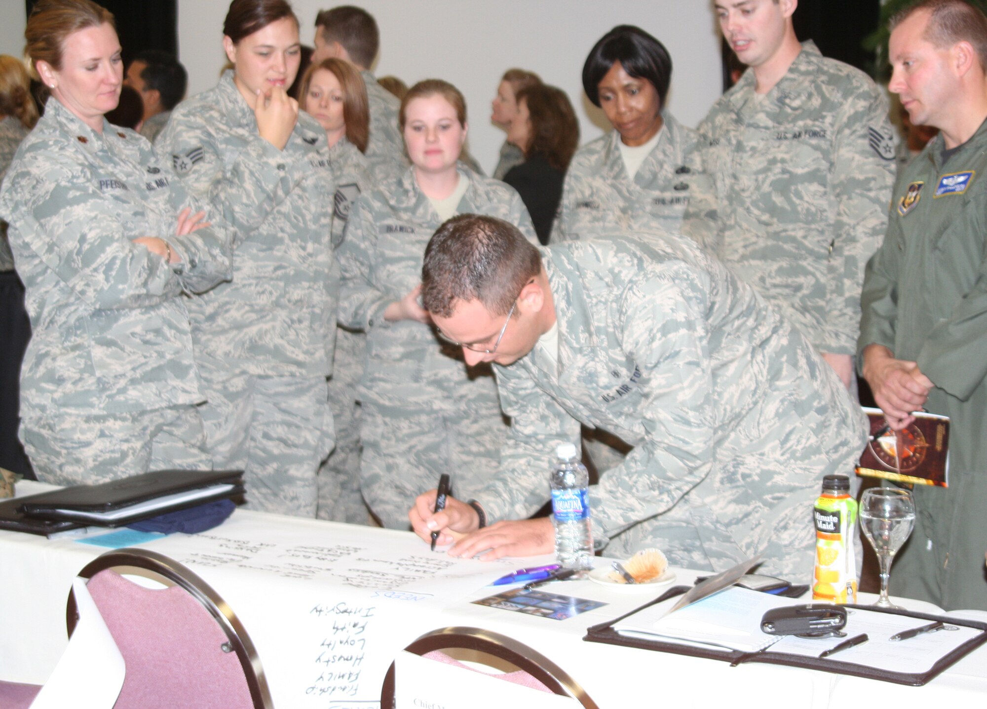 WRIGHT-PATTERSON AIR FORCE BASE, Ohio – Military members and civilians have fun taking part in the 4Lenses temperament indicator exercise as part of the Nov. 8 and 9 445th Airlift Wing Professional Development Seminar.  More than 280 military members and civilians from all branches of service gathered at the Hope Hotel and Conference Center, Wright-Patterson Air Force Base, Ohio, to take part in the first 445th AW PDS. (U.S. Air Force photo/Stacy Vaughn)