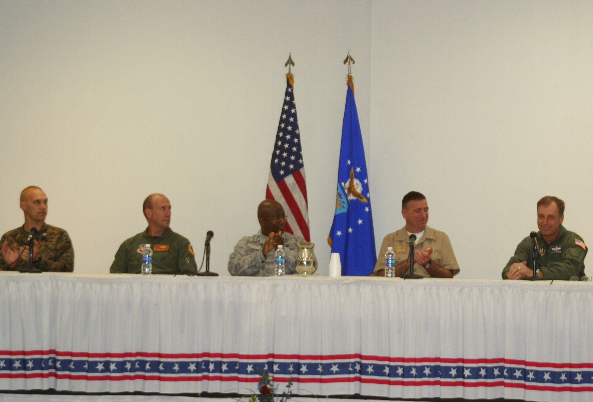 WRIGHT-PATTERSON AIR FORCE BASE, Ohio – From left to right; Marine Capt. Jason Schrage, Military Police Company “C”, Dayton, Ohio, Col. Harry “Mike” Roberts, commander of the 178th Fighter Wing, Springfield Air National Guard Base, Ohio, Col. Allen Jamerson, Chief of Staff, Headquarters Air Force Materiel Command, Navy Capt. Keith Syring, commander of the Naval Medical Research Center, Wright-Patterson Air Force Base, Ohio, and Col. Stephen Goeman, 445th Airlift Wing commander, formed a  Total Force Commander’s panel, one of the highlights of the 445th Airlift Wing Professional Development Seminar Nov. 8 and 9.  (U.S. Air Force photo/Stacy Vaughn)
