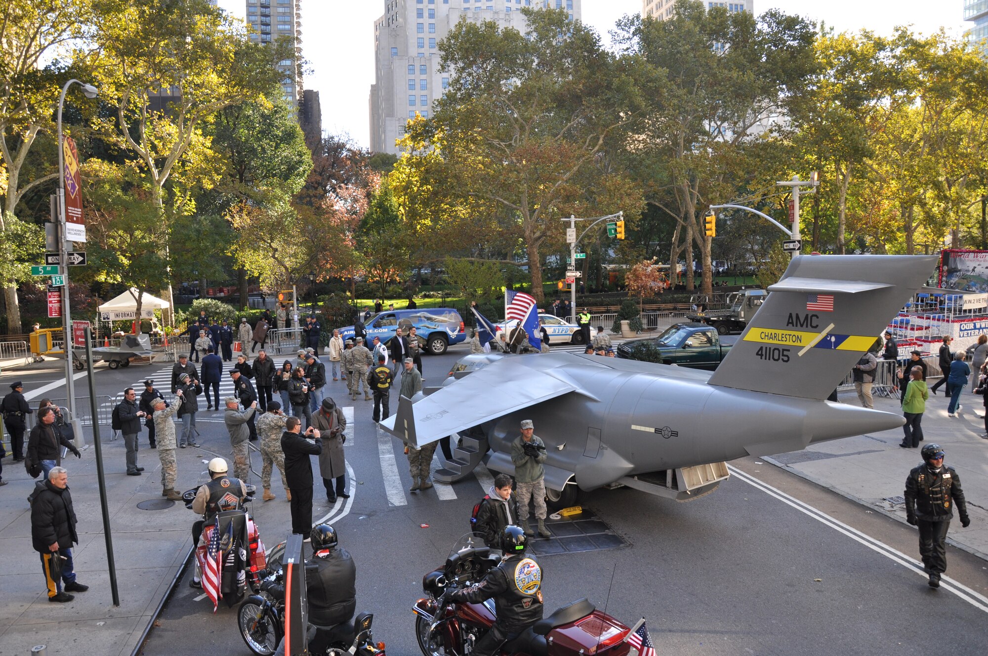 315th Airlift Wing members staged the mini C-17 replica at on the corner of 5th Ave and 25th St in New York City in preparation for the annual Veterans Day Parade Nov. 12. The mini C-17 is a community relations and outreach tool built and maintained by reservists from Charleston AFB S.C.(U.S. Air Force Photo/1Lt Joe Simms)