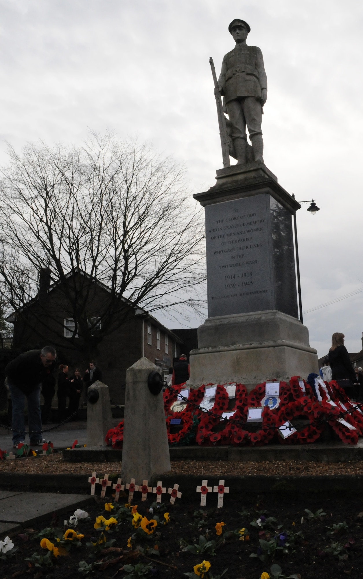 RAF MILDENHALL, England -- The Mildenhall war memorial stands garnished with remembrance wreaths and articles after a ceremony on Remembrance Sunday, Nov. 14, 2010. Hundreds of townspeople came to pay their respects at the memorial dedicated to servicemembers who died in the two world wars. (U.S. Air Force photo/Staff Sgt. Thomas Trower)