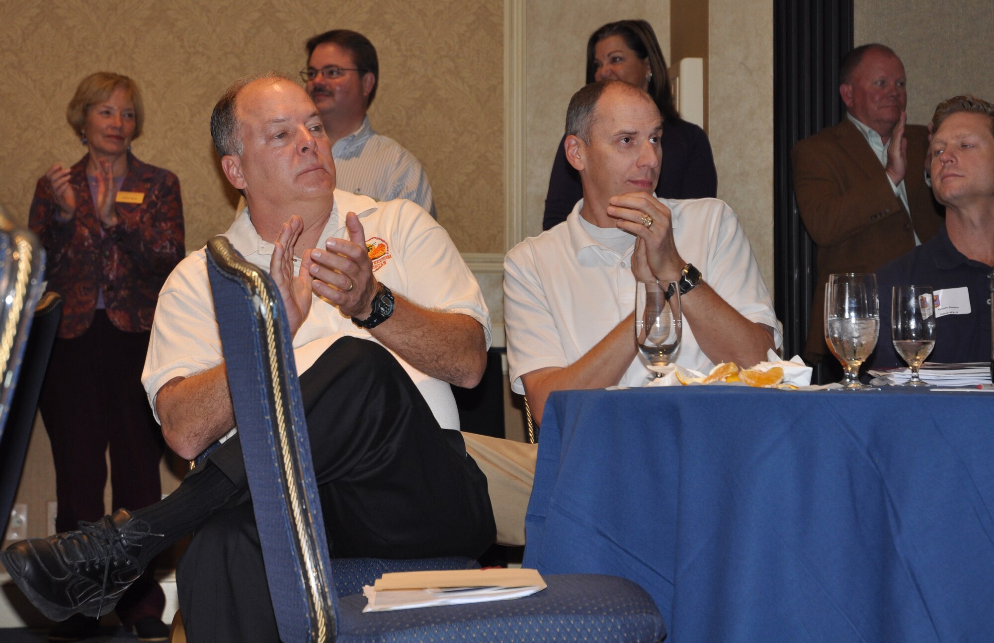 Chaplain (Lt. Col.) Carl Yost, a chaplain with the 315 AW, Joint Base Charleston, S.C. and Chaplain (Lt. Col RET) John Groth, the keynote speaker, welcome participants and service providers at the Yellow Ribbon Program event Nov. 12-14, 2010 at Hilton Head, S.C.  (U.S. Air Force photo/Airman 1st Class Robert Pilch)