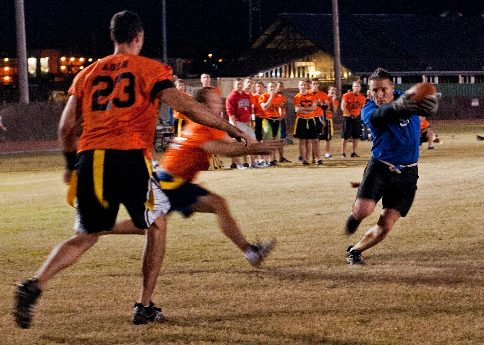 Brian Irish, 53rd Wing dashes toward the end zone during the base intramural championship game, Nov. 10 against the Air Force Research Lab.  AFRL defeated the 53rd (14-12) in the second of two games to win back-to-back base titles.  The 53rd team gave AFRL its only loss of the season, (20-19) earlier in the evening, forcing a winner-take-all game in the double-elimination tournament.  (U.S. Air Force photo/ Samuel King Jr.)