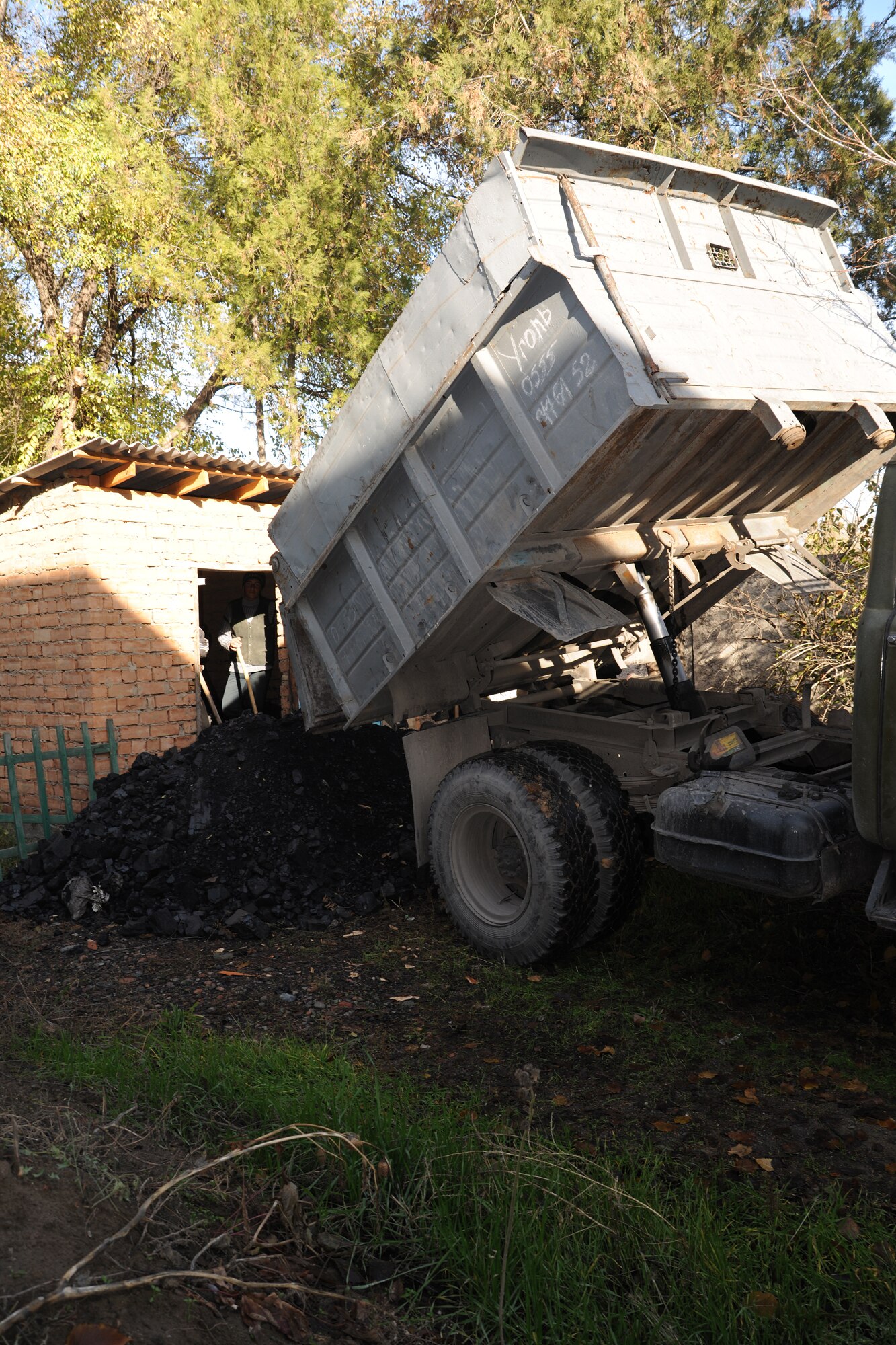 GRODZ VILLAGE, Kyrgyzstan - Transit Center at Manas noncommissioned officers belonging to the private organization called the 5/6 Council voted unanimously to purchase 10 tons of coal to help the Grodz Kindergarten open for the winter. Five tons were delivered Nov. 12. (U.S. Air Force Photo/Staff Sgt. Nathan Bevier)
