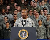 US ARMY GARRISON YONGSAN, Republic of Korea -- Army Specialist Courtney Newby officially introduces President Barack Obama before the President begins his speech at U.S. Army Garrison Yongsan, Republic of Korea, Nov. 11. More than 50 Wolf Pack Airmen traveled to Yongsan to hear the President's Veterans Day speech. (U.S. Air Force photo/Staff Sgt. Amanda Savannah)