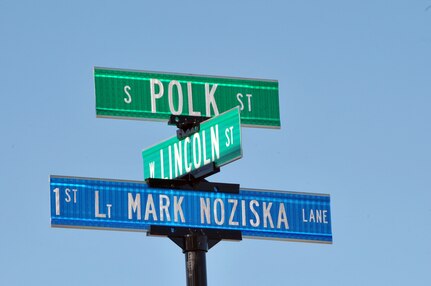 Polk St, renamed to "1st Lt Mark Noziska Lane" during a ceremony held Nov 15 in Papillion, Neb. Lt Noziska, who served as a platoon leader in the 22nd Infantry Regiment, U.S. Army, was killed Aug 30, 2010 by a roadside bomb while serving in Afghanistan. Lt Noziska lived on Polk St during his high school years.