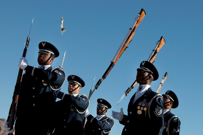 NELLIS AIR FORCE BASE, Nev.-- The U.S. Air Force Honor Guard Drill Team from Bolling Air Force Base, Washington D.C. perform on the Nellis flightline while an F-22 Raptor flies high overhead Nov. 13. The performance was part of the 2010 Aviation Nation Nellis Open House. (U.S. Air Force photo by Tech. Sgt. Michael R. Holzworth)(Released)