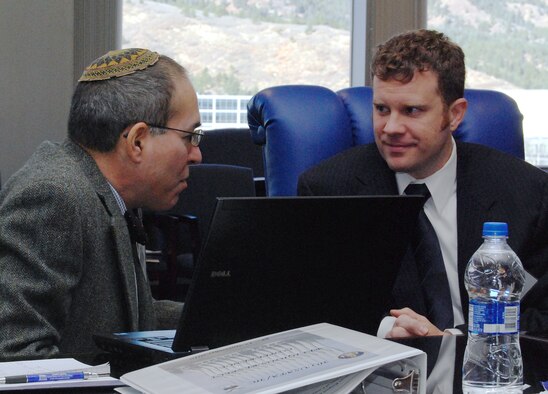 Rabbi Barry Baron and Jason Torpy talk during a break at the 2010 Religious Respect Conference at the Air Force Academy in Colorado Springs, Colo., Nov. 16, 2010. Conference topics included how to define religious respect and the roles of both commanders and chaplains in accommodating requests for religious expression. Rabbi Baron is deputy direcctor of the JWB Jewish Chaplains Council. Mr. Torpy is president of the Military Association of Atheists and Freethinkers. (U.S. Air Force photo/Staff Sgt. Don Branum)