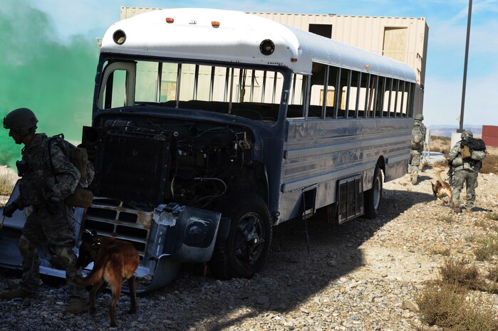 NEVEDA TEST AND TRAINING RANGE --  Staff Sgt. Ryan Stocklin, 628th Security Forces Squadron, Charleston Air Force Base, S.C., and his military working dog "Akim" move around an abandoned bus during a training exercise Oct. 29. The training is part of a new Nellis Air Force Base program created to condense the current 80 day training curriculum for handlers and military working dogs. (U.S. Air Force photo by Airman 1st Class Daniel Hughes/Released)


