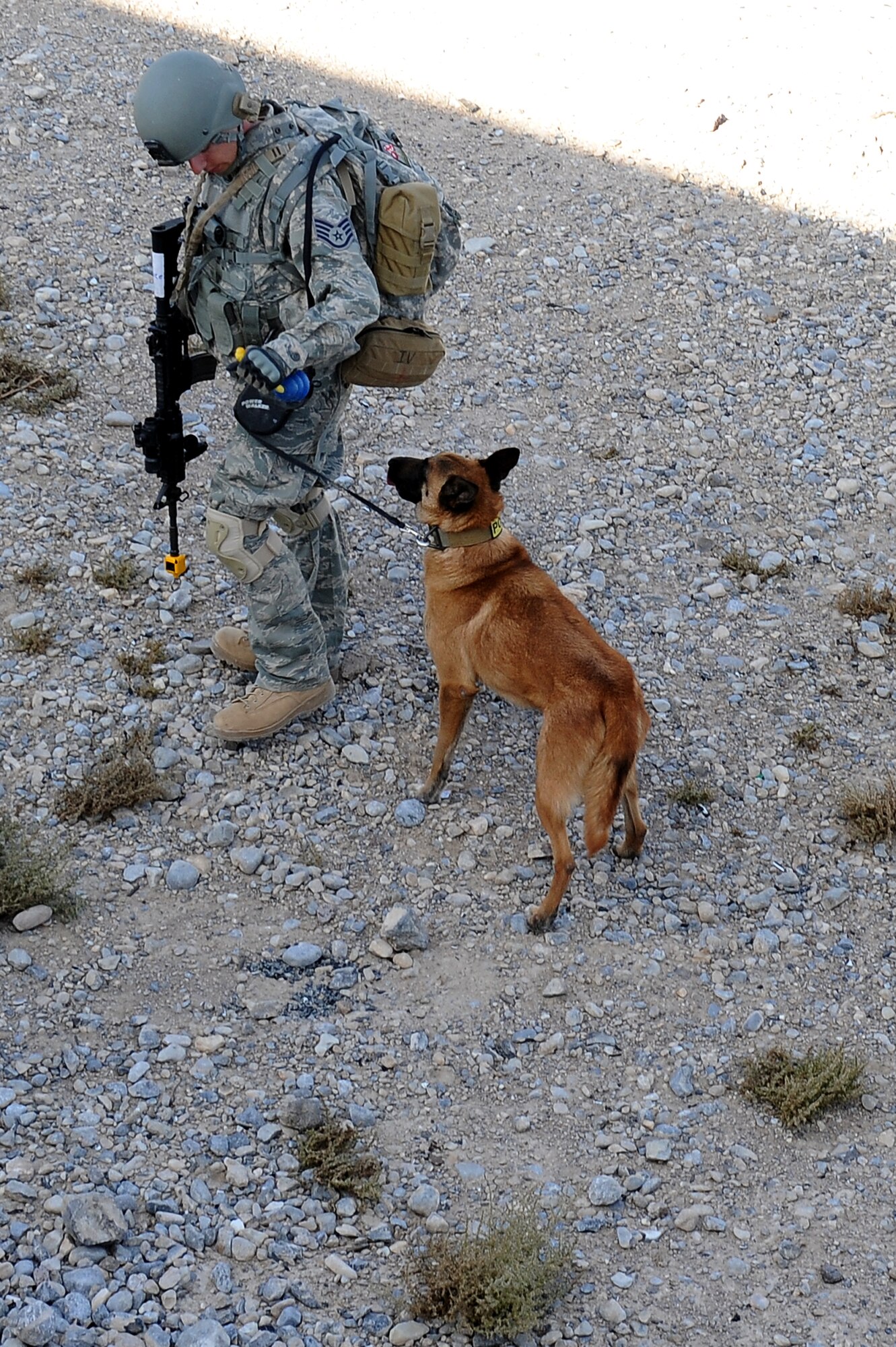 NEVEDA TEST AND TRAINING RANGE --  Staff Sgt. Ryan Stocklin, 628th Security Forces Squadron, Charleston Air Force Base, S.C., gives a command to military working dog "Akim" during a training exercise Oct. 29. The training exercise is part of a new Nellis Air Force Base program created to condense the current 80 day training curriculum for handlers and military working dogs. (U.S. Air Force photo by Airman 1st Class Daniel Hughes/Released)

