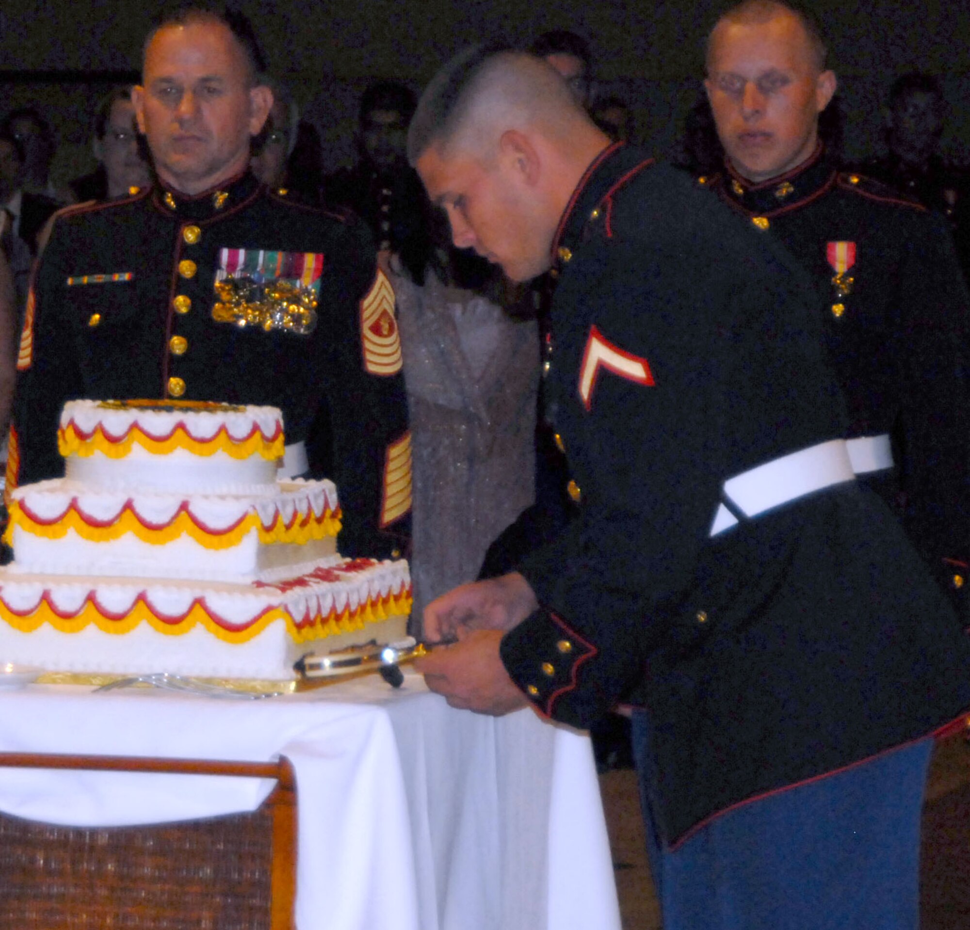 SAN ANGELO, Texas -- Pfc. Kyle Tau, the youngest Marine stationed at Goodfellow, cuts a birthday cake celebrating the Marine Corps' 235th birthday during their ball Nov. 12 at the McNease Convention Center. (U.S. Air Force photo/Airman 1st Class Jessica D. Keith)