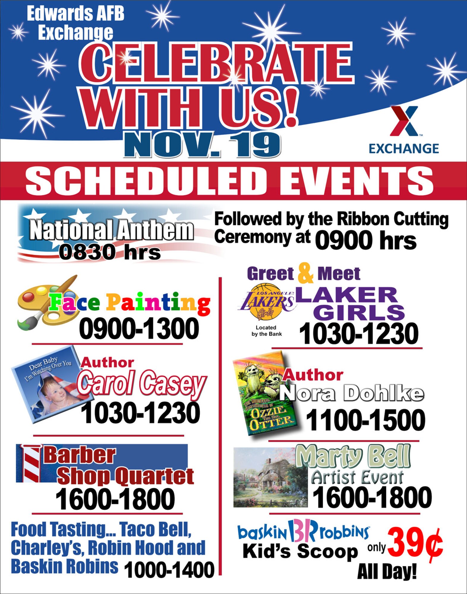 The Edwards Base Exchange will hold its grand re-opening, Nov. 19, beginning at 8:30 a.m.  The all-day event will feature a ribbon cutting at 9 a.m. and a visit from the Los Angeles Laker Girls.  There will also be food and fun for children, inclluding face painting and children's book signings.  Download the high-resolution poster on this page for a schedule of events.  