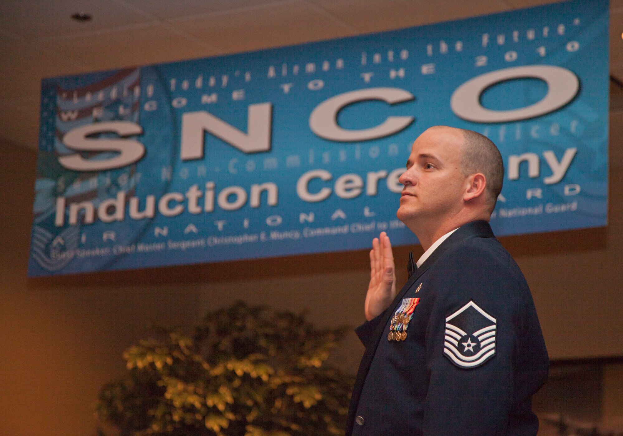 Master Sgt. Anthony Francis, 189th Medical Group, takes the oath of a Senior NCO Nov. 6, 2010, during an Arkansas Air National Guard Senior NCO induction ceremony at Little Rock Air Force Base, Ark. (U.S. Air Force photo by Master Sgt. Dianna Seerey)