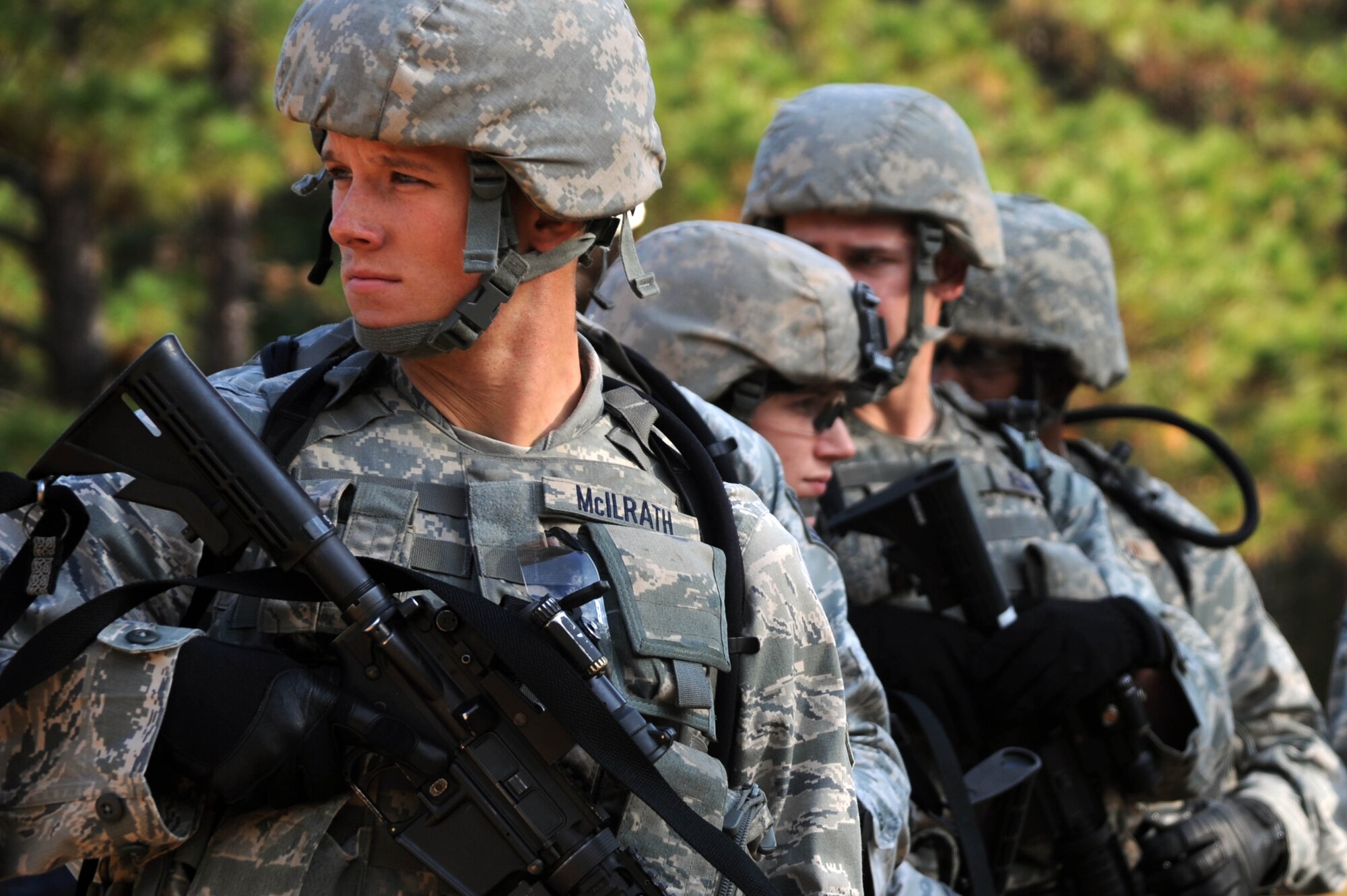 Members of the 28th Security Forces Squadron from Ellsworth Air Force Base, S.D., receive a briefing before competing in the M4 competition during Global Strike Challenge at Fort Polk, La., Nov. 14. The event is the premier bomber, Intercontinental Ballistic Missile and security forces competition with units from Air Force Global Strike Command, Air Combat Command, Air Force Reserve Command and the Air National Guard. (U.S. Air Force photo/Senior Airman Brittany Y. Bateman)