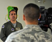 MINOT AIR FORCE BASE, N.D. -- Lt. Col. Michael Cardoza, 69th Bomb Squadron commander, is interviewed by Staff Sgt. Miguel Lara, 5th Bomb Wing public affairs broadcaster, here Nov. 12. Colonel Cardoza and the Nighthawks are scheduled to deploy to Andersen AFB, Guam, in support of U.S. Pacific Command’s Continuous Bomber Presence, a first for the unit since the Vietnam War. (U.S. Air Force photo/Senior Airman Michael J. Veloz)