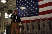 MINOT AIR FORCE BASE, N.D. -- A Teddy Roosevelt impersonator, Staff Sgt. Jason Keen, 741st Missile Squadron missile maintenance evaluator, motivates Airmen at the Global Strike Challenge pep rally during the 91st Missile Wing’s GSC team send-off here Nov. 10. The team members from the 91st MW GSC team are scheduled to leave for Shreveport, La., and Barksdale AFB, La., Nov. 13. (U.S. Air Force photo/Airman 1st Class Aaron-Forrest Wainwright)
