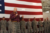 MINOT AIR FORCE BASE, N.D. -- Col. Christopher Coffelt, 91st Missile Wing vice commander, motivates Airmen at the Global Strike Challenge pep rally during the 91st MW’s GSC team send-off here Nov. 10. The team members from the 91st MW GSC team are scheduled to leave for Shreveport, La., and Barksdale AFB, La., Nov. 13. (U.S. Air Force photo/Airman 1st Class Aaron-Forrest Wainwright)