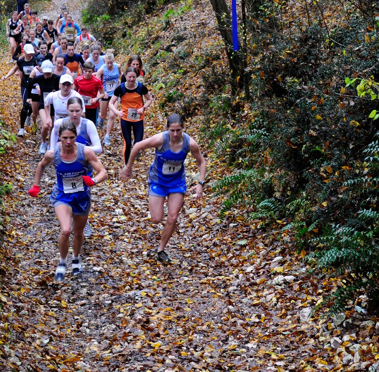 Members from different European air forces, including England, Germany and Poland, compete in the Allied Forces Cross Country Championships Nov. 9. The Polish air force team came in first place in both the male and female categories. (U.S. Air Force photo by Airman 1st Class Katherine Windish)