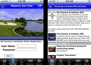 The Courses at Andrews now offers a free application for iPhone, iTouch or iPad with features such as Current club news and local weather conditions Facebook/Twitter feeds with latest events and photos, teee time reservations, augmented reality view with GPS yardages (iPhone 3GS or 4 required), link to Google Maps for directions, and link to club staff and contacts. To download the app, visit http://itunes.apple.com/us/app/the-courses-at-andrews-afb-md/id393265590?mt=8. 
