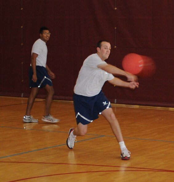 LAUGHLIN AIR FORCE BASE, Texas – Senior Airman Josh Leibold, 47th Force Support Squadron, competes in a game of dodgeball with other members of Laughlin’s Rising 6 Club against members of the Top 3 organization at Losano Fitness Center here Nov. 10. The Top 3 is made up of Laughlin’s senior NCO’s and the Rising 6 consists of all other enlisted ranks. (U.S. Air Force photo by Airman 1st Class Blake Mize)