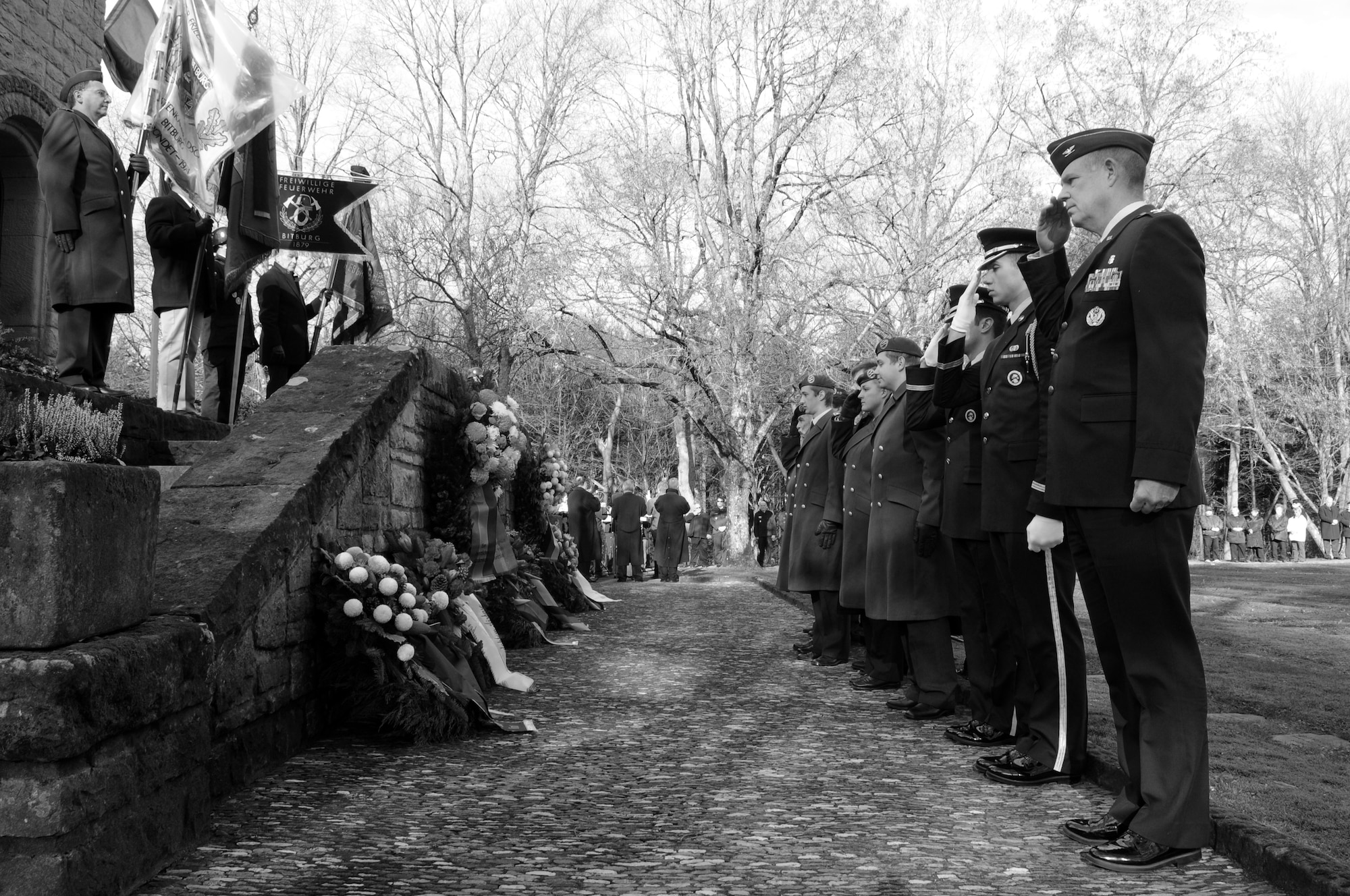 BITBURG, Germany – German and U.S. servicemembers salute during a Volkstrauertag, or German National Day of Mourning, ceremony Nov. 11. German and American military representatives as well as firefighters, police and government officials from local area participated in the ceremony to remember victims of war and tyranny. (U.S. Air Force photo/Staff Sgt. Benjamin Wilson)