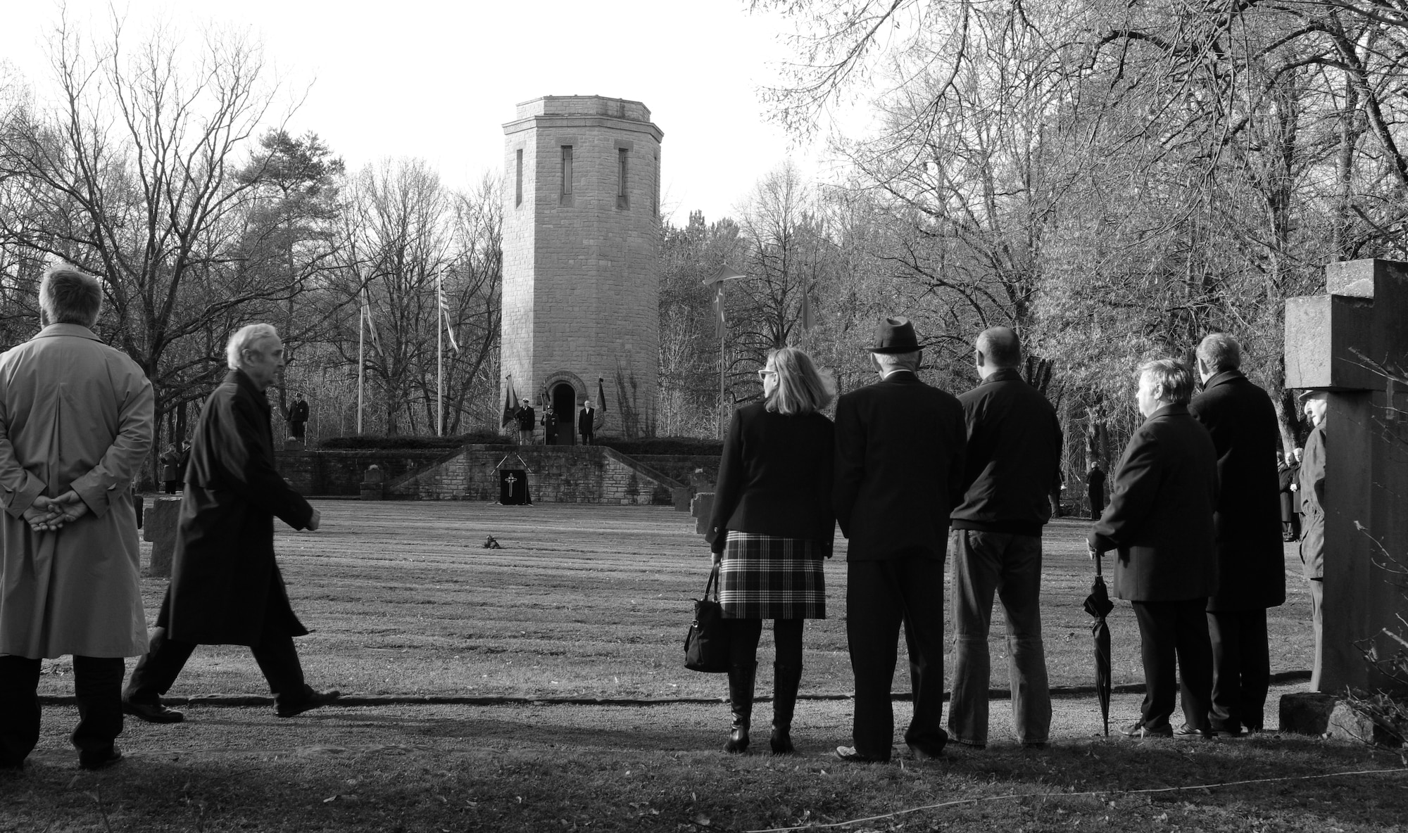 BITBURG, Germany – A crowd gathers in the Kolmeshoehe cemetery for a Volkstrauertag, the German National Day of Mourning, ceremony Nov. 11. More than 150 people were present for the ceremony that included participants from the German and American military as well as firefighters, police and government officials from the local area to remember victims of war and tyranny. (U.S. Air Force photo/Staff Sgt. Benjamin Wilson)