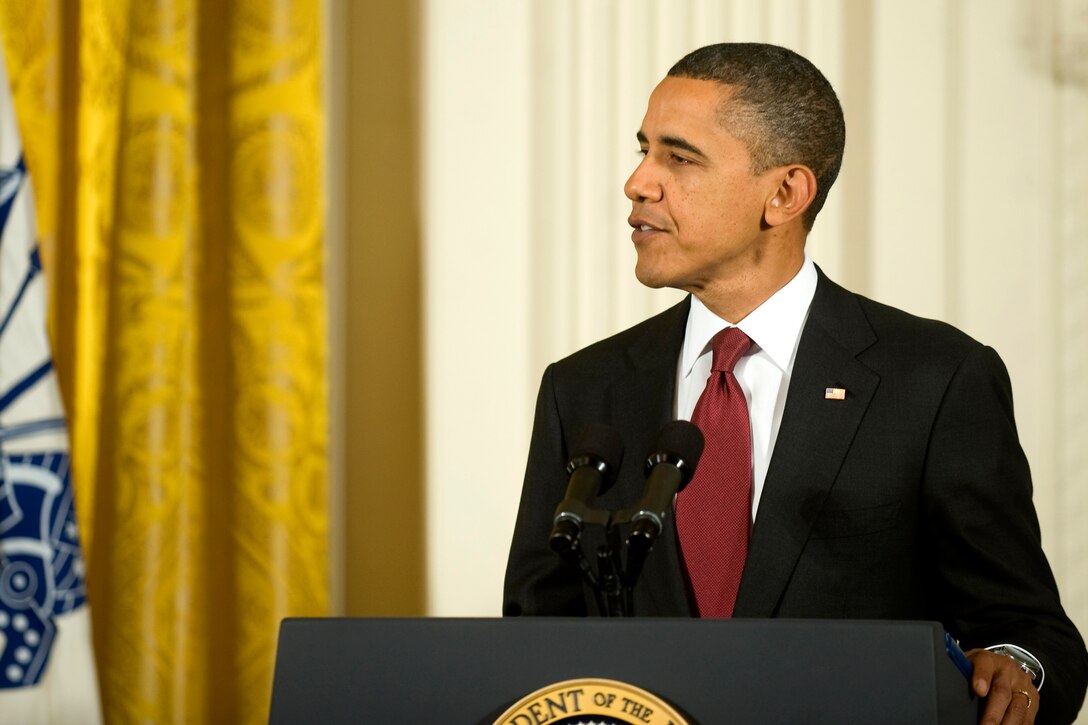 President Barack Obama addresses the audience during the Medal of Honor ceremony at the White House in Washington, D.C.,  Nov. 16, 2010. The ceremony was held to present the Medal of Honor to Army Staff Sgt. Salvatore Giunta. 