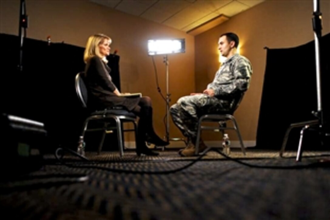 Martha Raddatz, ABC News correspondent, interviews U.S. Army Staff Sgt. Salvatore "Sal" Giunta,  who received the Medal of Honor from President Barack Obama during a White House ceremony. The U.S. Congress awards the medal, the nation's highest military honor, for risk of life in combat beyond the call of duty. Giunta, who is the first non-postumous award recipient since Vietnam, was honored for actions during a firefight in the Korengal Valley, Afghanistan, in October 2007.