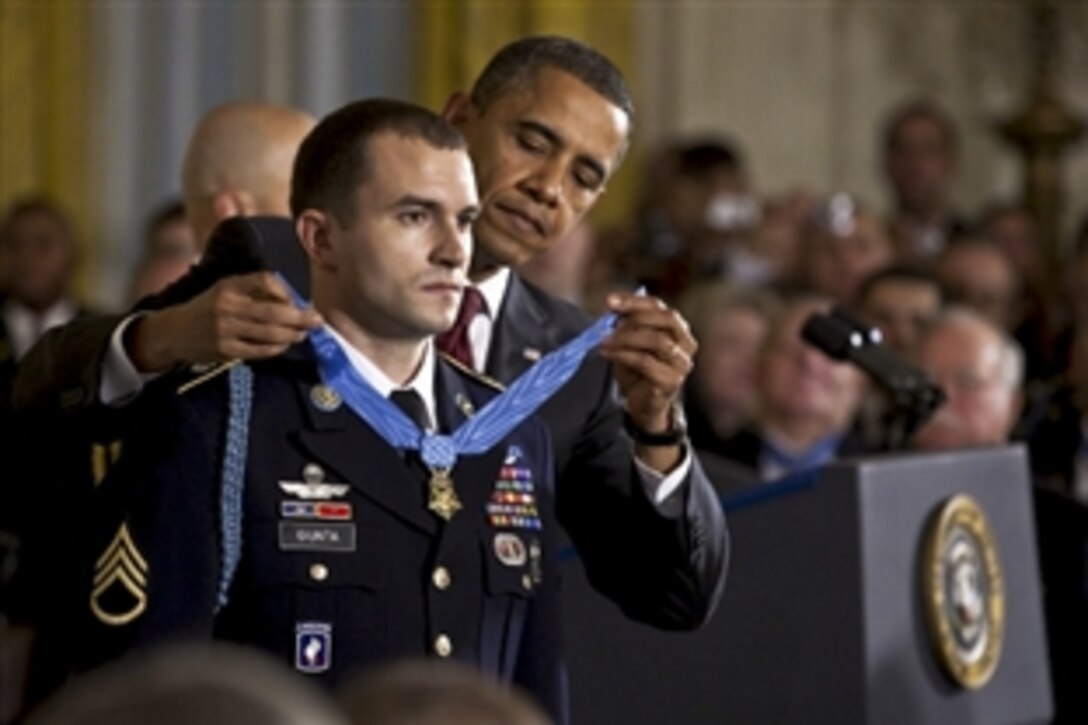 President Barack Obama presents the Medal of Honor to U.S. Army Staff Sgt. Salvatore Giunta in the East Room of the White House, November 16, 2010.