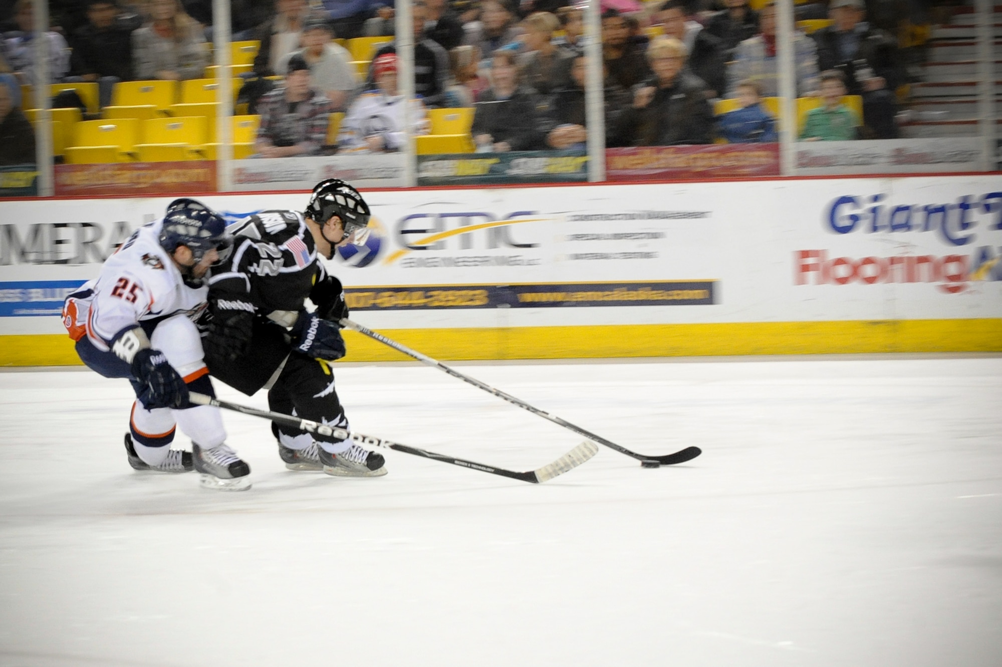 ANCHORAGE, Alaska -- Ontario Reign defenseman Lane Caffaro tries to steal the puck from Alaska Aces forward, Zach Harrison, during the milltary appreciation game held on, Nov. 12.  (U.S. Air Force photo by Staff Sgt. Joshua Garcia)
