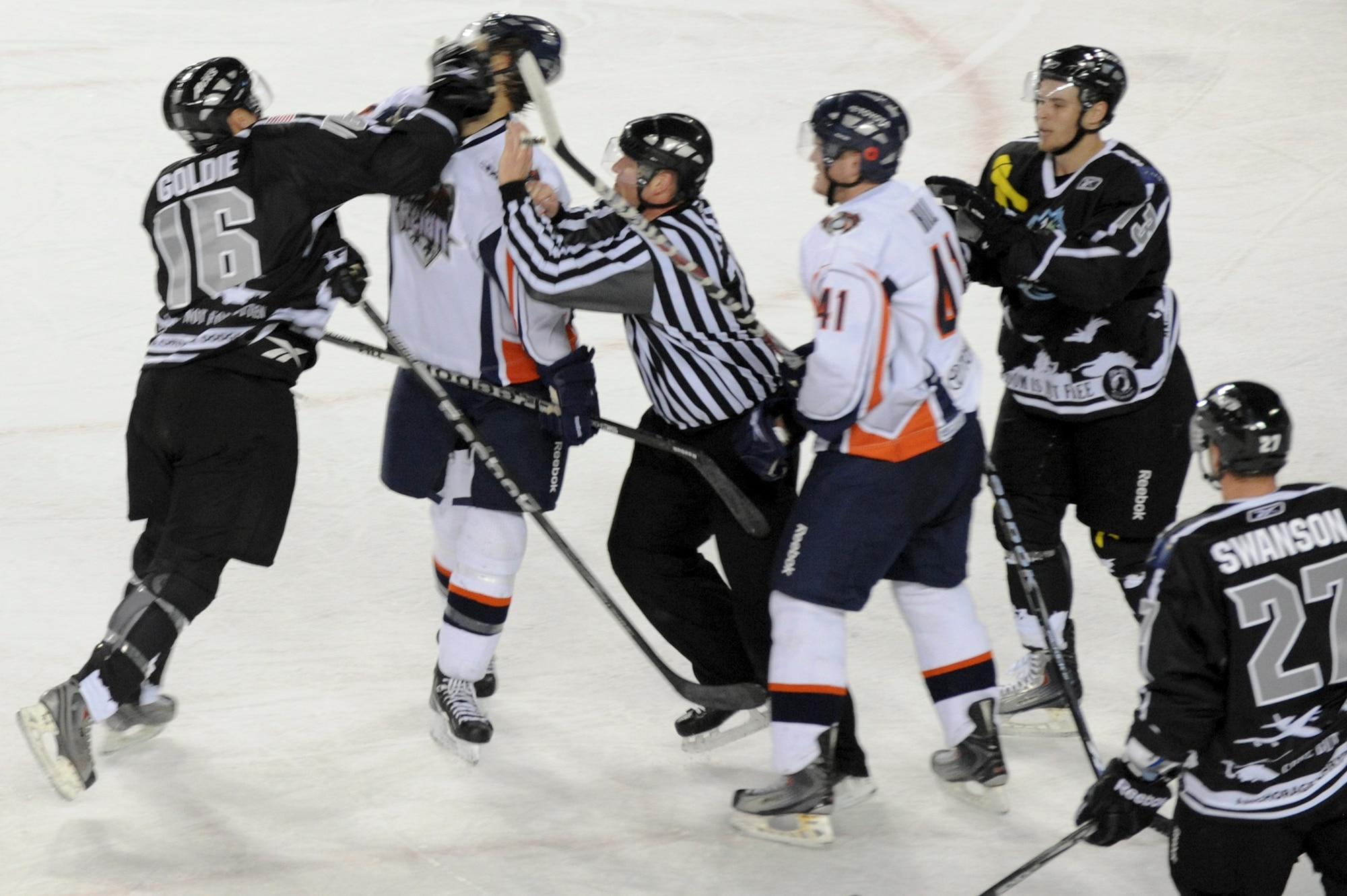 ANCHORAGE, Alaska --  Wes Goldie, a forward for Alaska Aces punches a member of the Ontario Reign during the military appreciation game held Nov. 12. Goldie spent 2 minutes in the penalty box for the incident. (U.S. Air Force photo by Staff Sgt. Joshua Garcia)