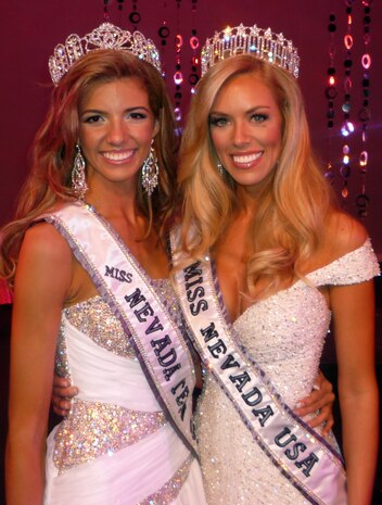 NELLIS AIR FORCE BASE, Nev.-- Ashley Brown, daughter of Master Sgt. William Brown, 98th Range Wing, poses with the newly-crowned Miss Nevada USA, Sarah Chapman, after being crowned Miss Nevada Teen USA Nov. 14 at the Miss Nevada USA pageant at the College of Southern Nevada. Miss Brown represented the base as Miss Nellis AFB Teen, and will go on to compete for the title of Miss Teen USA in June of 2011 in the Bahamas. (Courtesy photo)