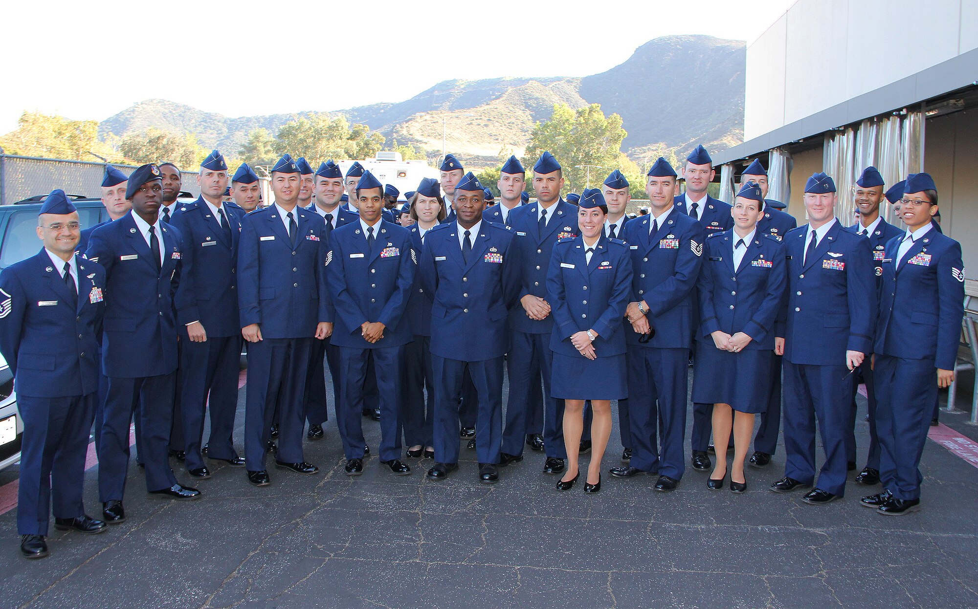 An Edwards Air Force Base contingent gathers outside NBC studios Nov. 11 prior to attending a special salute to the military taping of "The Tonight Show with Jay Leno" in Burbank, Calif. (Courtesy photo)