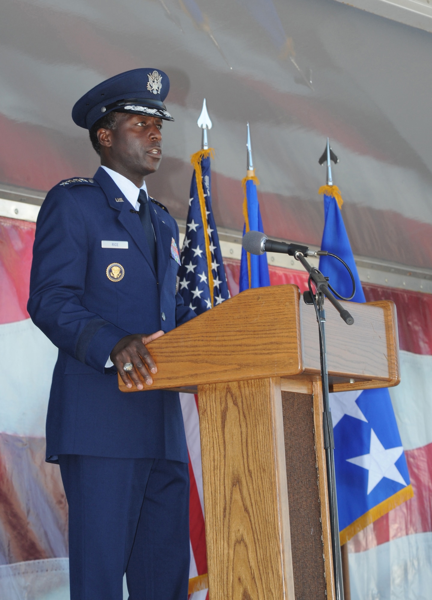 RANDOLPH AIR FORCE BASE, Texas -- Gen. Edward A. Rice, Commander Air Education and Training command, addresses the audience after taking command of AETC in a change of command ceremony here Nov. 17. (U.S. Air Force photo/Melissa Peterson)