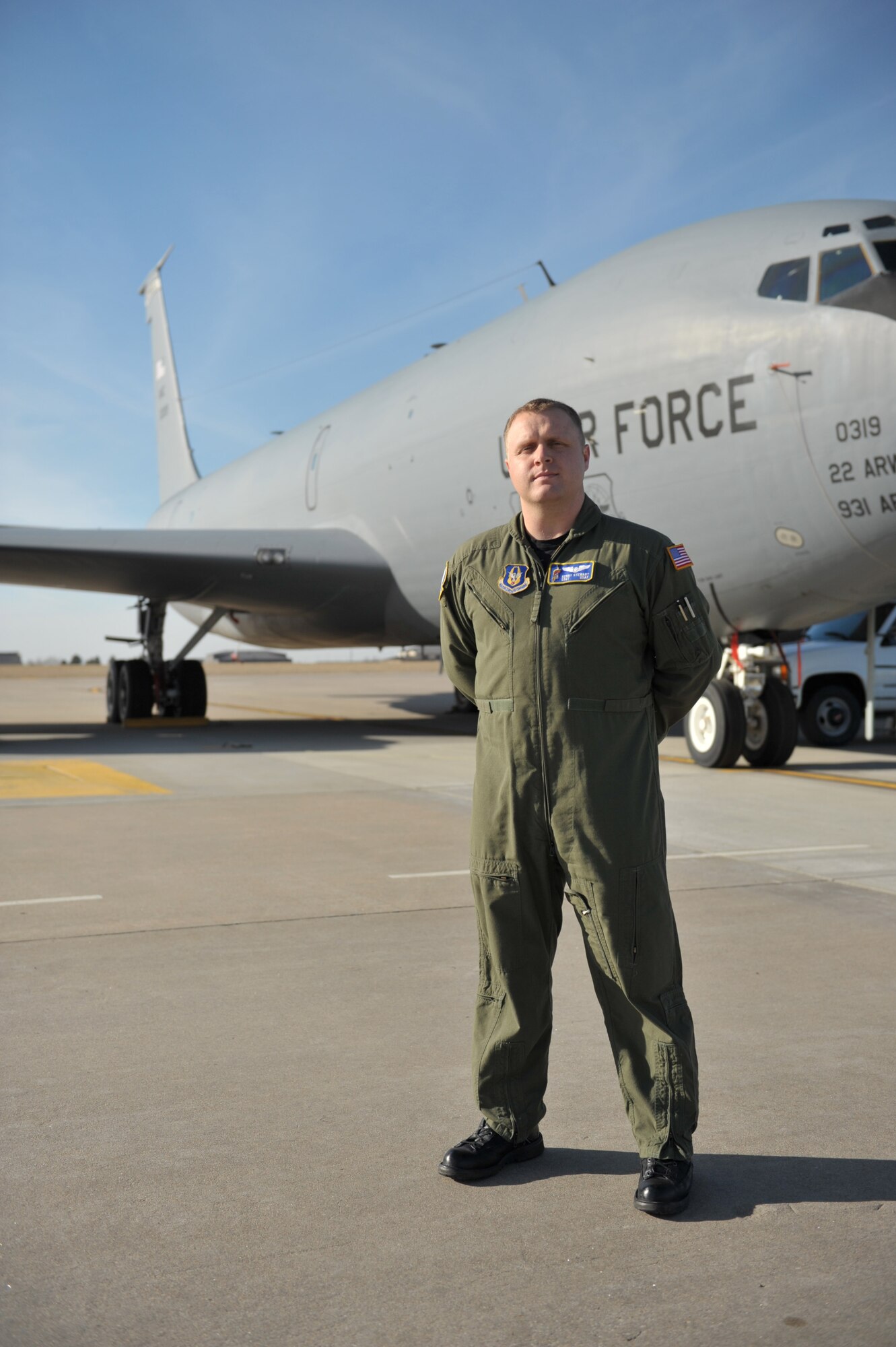 Staff Sgt. Steven Stewart poses in front of a KC-135 Stratotanker. Sergeant Stewart was named Enlisted Air Crew of the Year in the NCO category for 2009. (Official Air Force photo by MSgt. Jason Schaap)