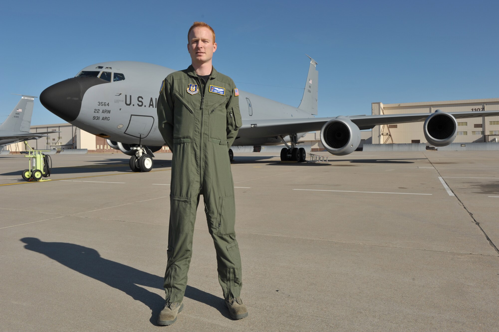 Staff Sgt. Gregery Brashier poses in front of a KC-135 Stratotanker. Sergeant Brashier was named Enlisted Air Crew of the Year in the Airman category for 2009. (Official Air Force photo by MSgt. Jason Schaap)
