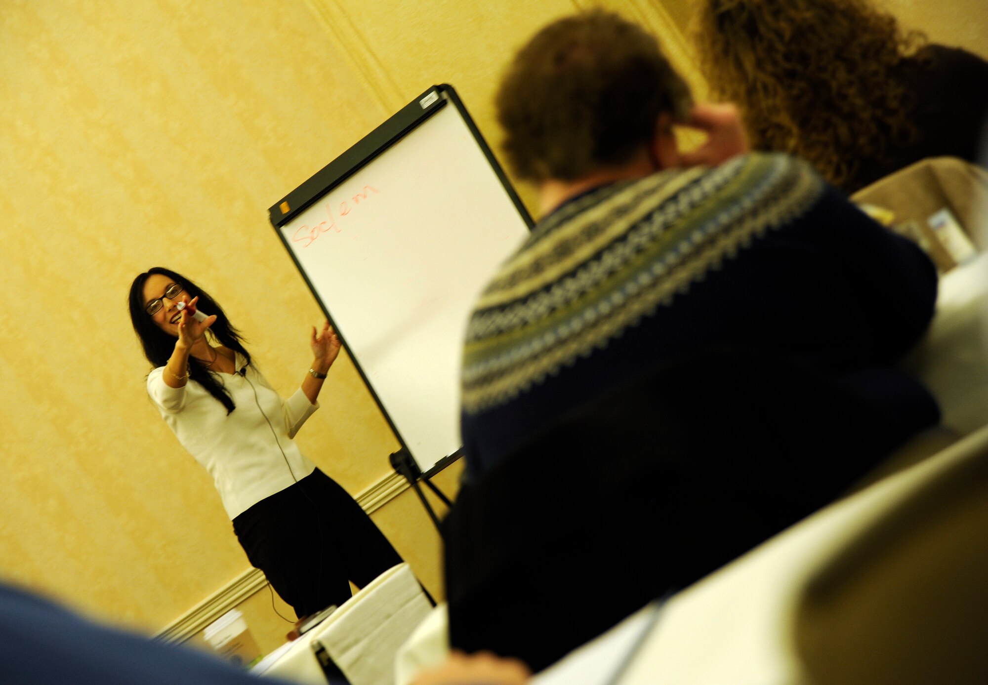 Nealy Brown, Ph.D., interacts with her audience during a Care for the Caregiver Retreat Nov. 12, 2010, at the Hyatt Hotel, Wichita, Kan. Mrs. Brown was recruited by the McConnell Unified Services team to help its members better support Team McConnell. McUs is composed of 22 agencies that support McConnell by spreading Air Mobility Command’s Comprehensive Airman’s Fitness and the four pillars of social, mental, physical and spiritual fitness. (U.S Air Force photo/Airman 1st Class Armando A. Schwier-Morales)