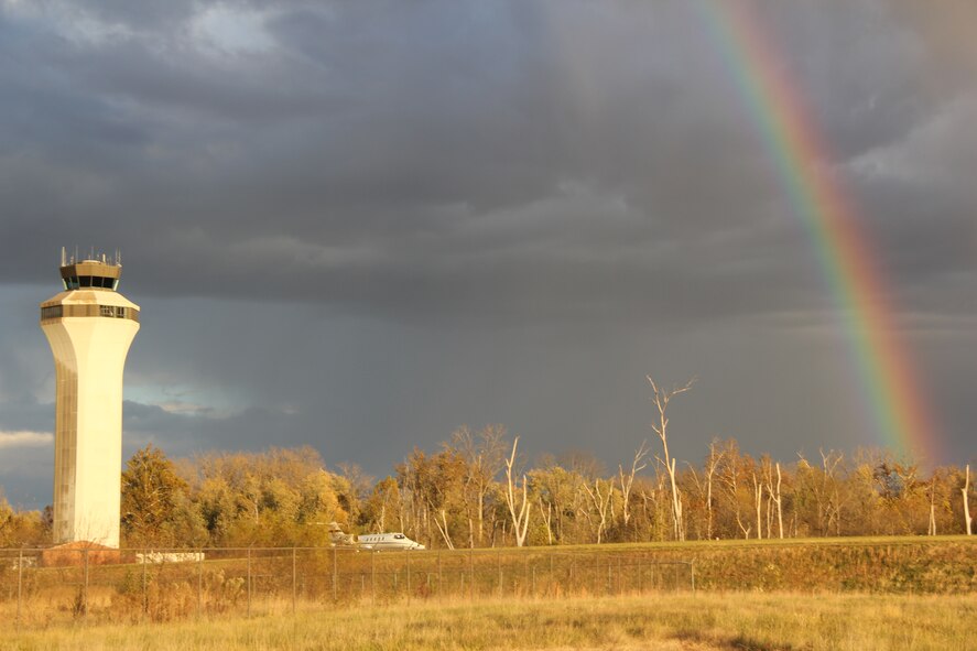 Scott Air Force Base, IL -- A fast-moving weather front created the right conditions for a fall rainbow near Scott Air Force Base.  The photo was taken in the late afternoon in mid-November. The base air traffic control tower is on the left. (U.S. Air Force photo/Tech. Sgt. Dan Oliver)
