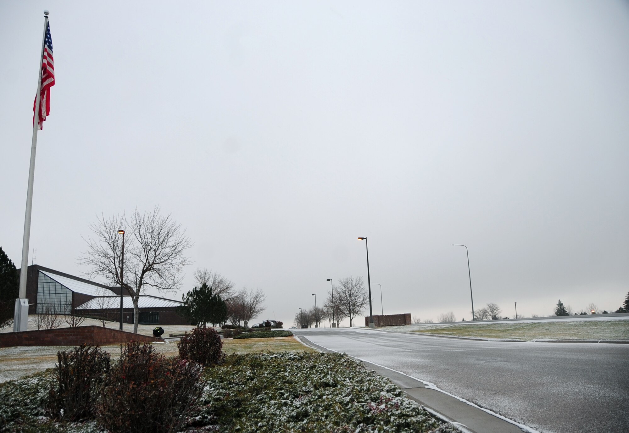 ELLSWORTH AIR FORCE BASE, S.D. - A light snow blankets Ellsworth AFB, Nov. 17.  As the weather gets colder, Airmen are reminded to maintain their vehicle's tire pressure and ensure all windows are cleared before driving. (U.S. Air Force photo/Senior Airman Anthony Sanchelli)
